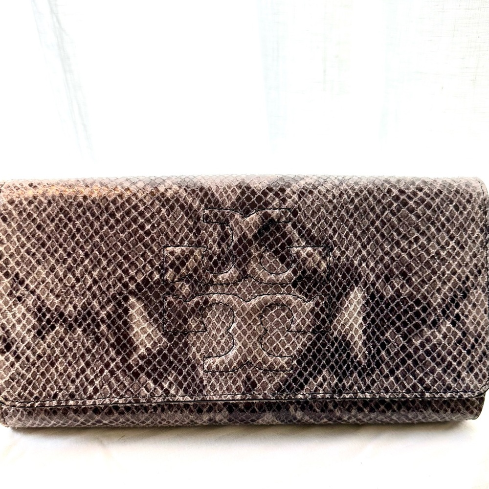 Tory Burch Gray Snake-Embossed Leather Convertible Clutch (w/ strap)